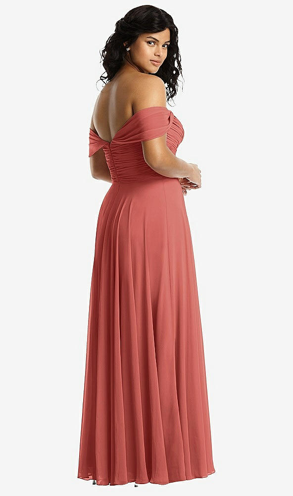 Back View - Coral Pink Off-the-Shoulder Draped Chiffon Maxi Dress