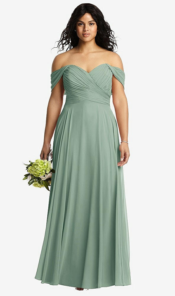 Front View - Seagrass Off-the-Shoulder Draped Chiffon Maxi Dress