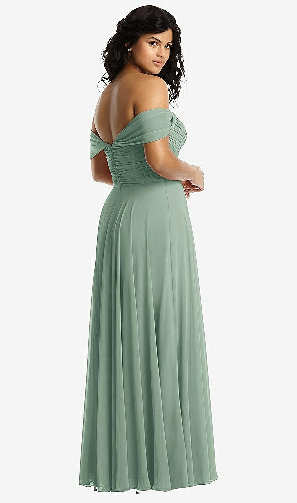Back View - Seagrass Off-the-Shoulder Draped Chiffon Maxi Dress