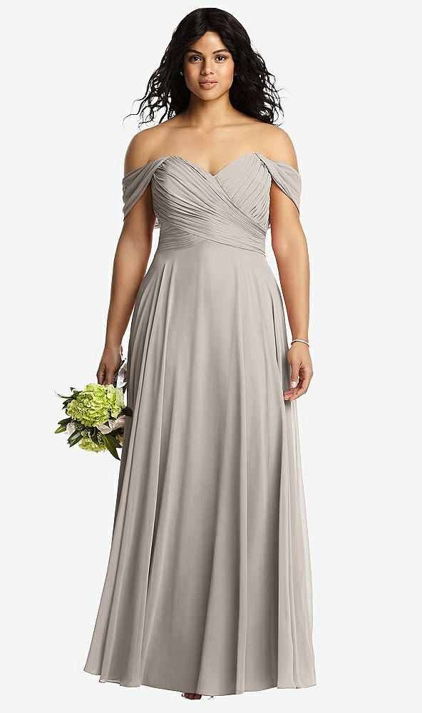 Front View - Taupe Off-the-Shoulder Draped Chiffon Maxi Dress