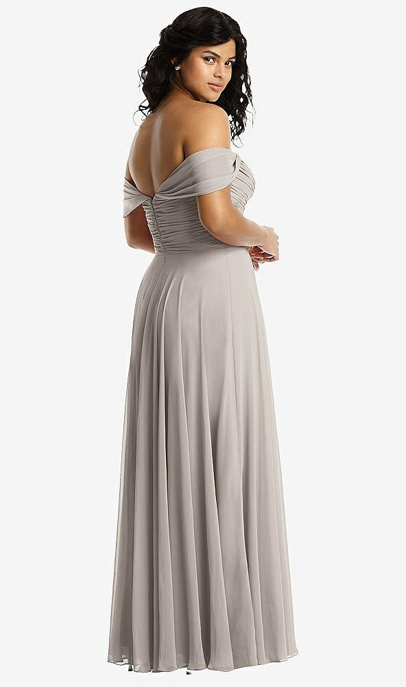 Back View - Taupe Off-the-Shoulder Draped Chiffon Maxi Dress