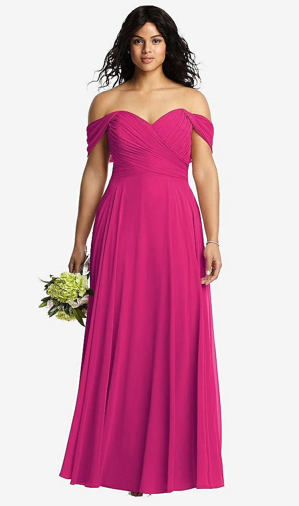 Front View - Think Pink Off-the-Shoulder Draped Chiffon Maxi Dress