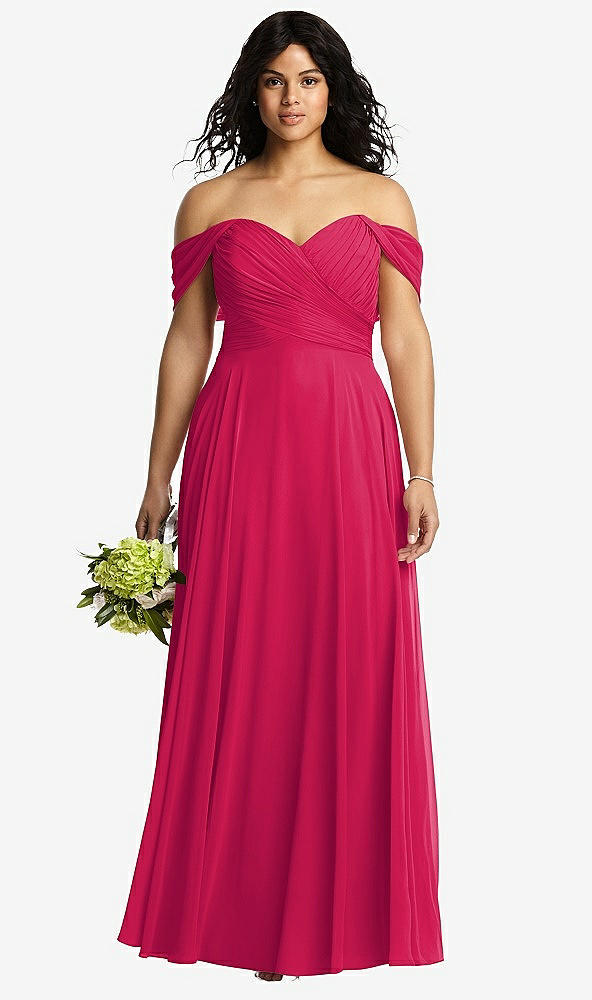 Front View - Vivid Pink Off-the-Shoulder Draped Chiffon Maxi Dress