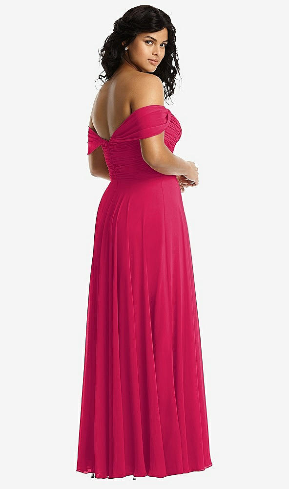 Back View - Vivid Pink Off-the-Shoulder Draped Chiffon Maxi Dress