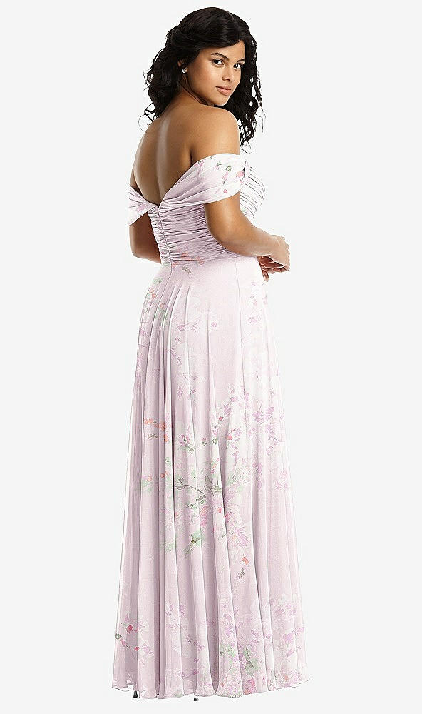 Back View - Watercolor Print Off-the-Shoulder Draped Chiffon Maxi Dress