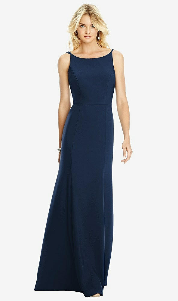 Back View - Midnight Navy Bateau Neck Open-Back Trumpet Gown