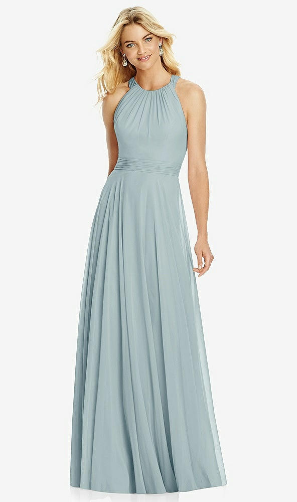 Front View - Morning Sky Cross Strap Open-Back Halter Maxi Dress