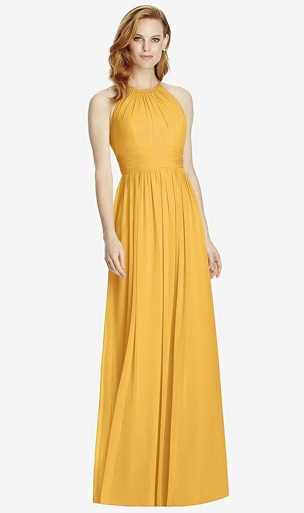Front View - NYC Yellow Cutout Open-Back Shirred Halter Maxi Dress