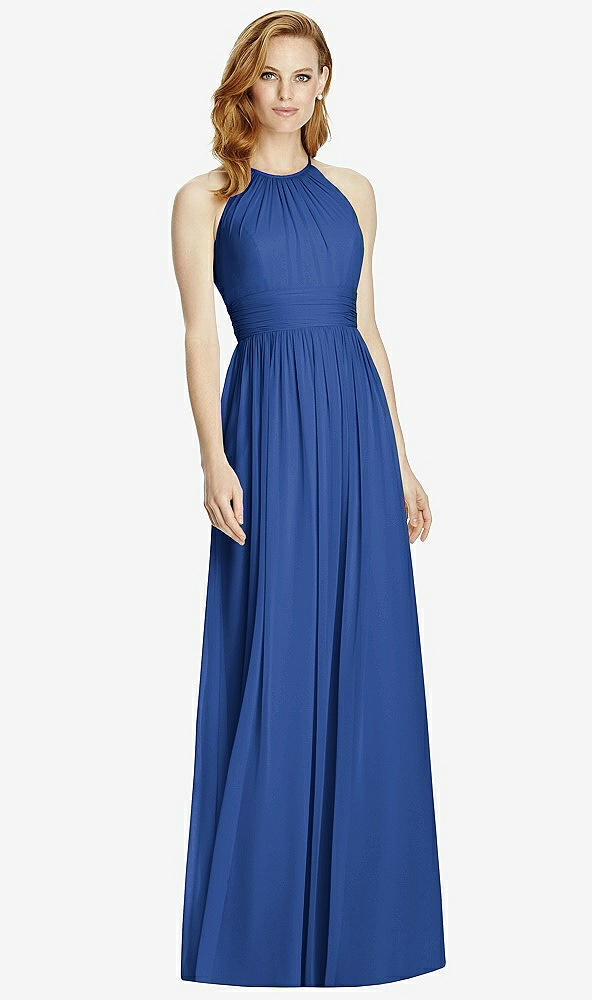 Front View - Classic Blue Cutout Open-Back Shirred Halter Maxi Dress