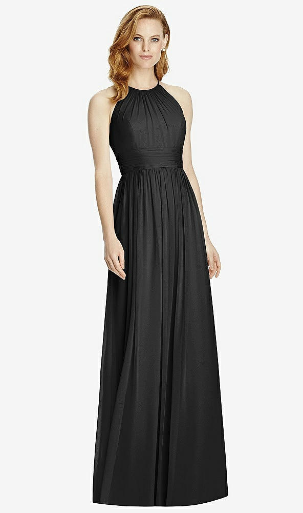 Front View - Black Cutout Open-Back Shirred Halter Maxi Dress