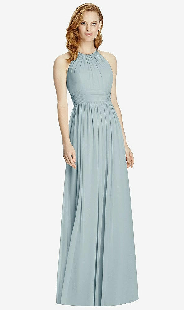 Front View - Morning Sky Cutout Open-Back Shirred Halter Maxi Dress