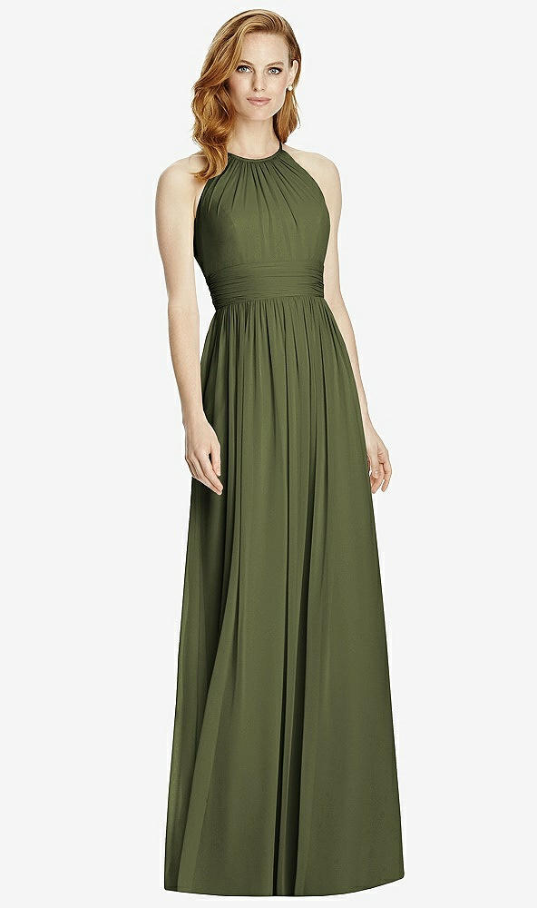 Front View - Olive Green Cutout Open-Back Shirred Halter Maxi Dress
