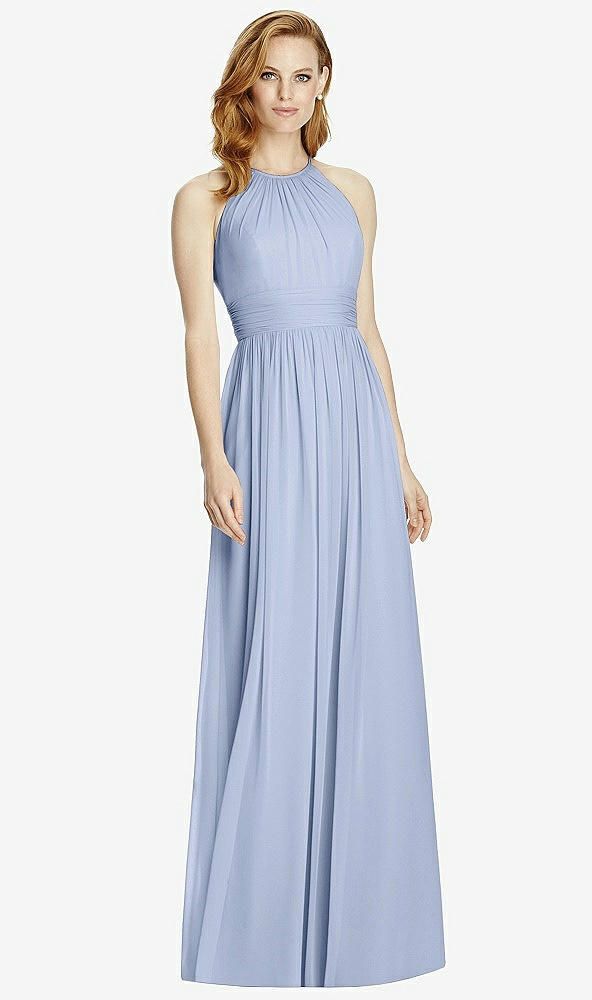 Front View - Sky Blue Cutout Open-Back Shirred Halter Maxi Dress