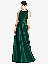 Front View Thumbnail - Hunter Green Sleeveless Open-Back Satin A-Line Dress