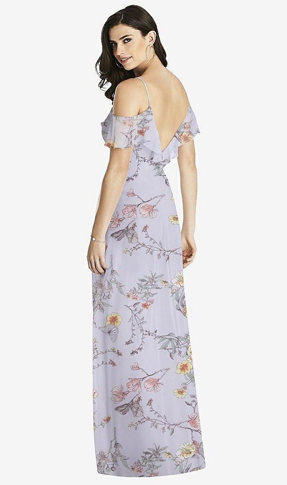Back View - Butterfly Botanica Silver Dove Ruffled Cold-Shoulder Chiffon Maxi Dress