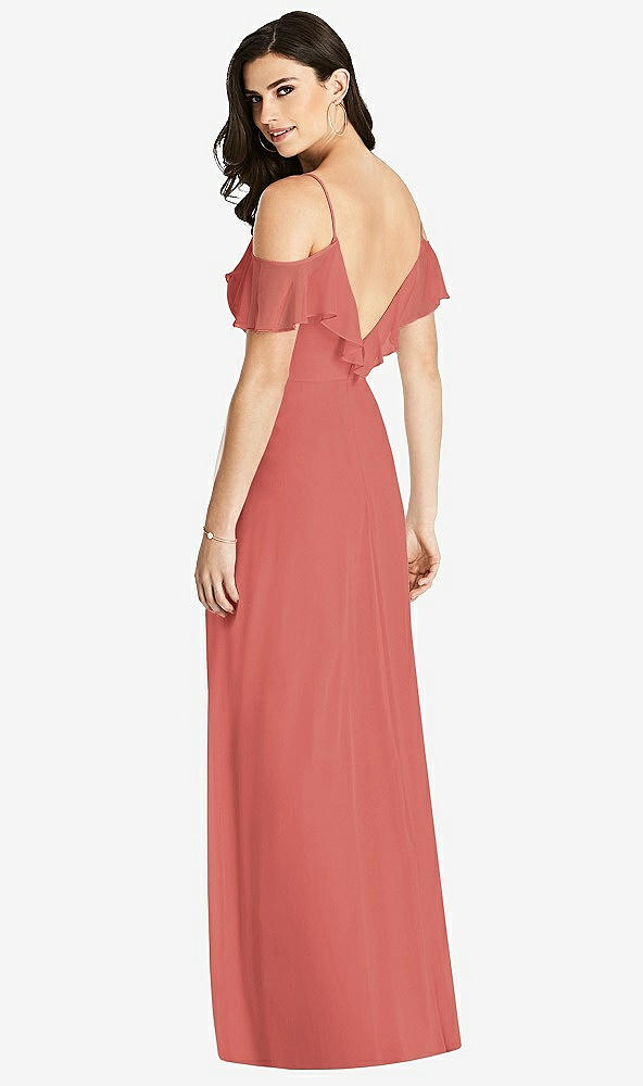 Back View - Coral Pink Ruffled Cold-Shoulder Chiffon Maxi Dress