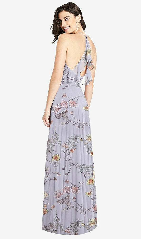Front View - Butterfly Botanica Silver Dove Ruffled Strap Cutout Wrap Maxi Dress