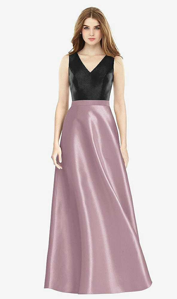 Front View - Dusty Rose & Black Sleeveless A-Line Satin Dress with Pockets