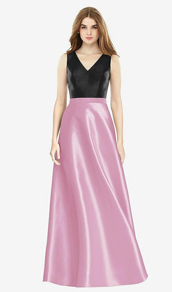 Front View - Powder Pink & Black Sleeveless A-Line Satin Dress with Pockets