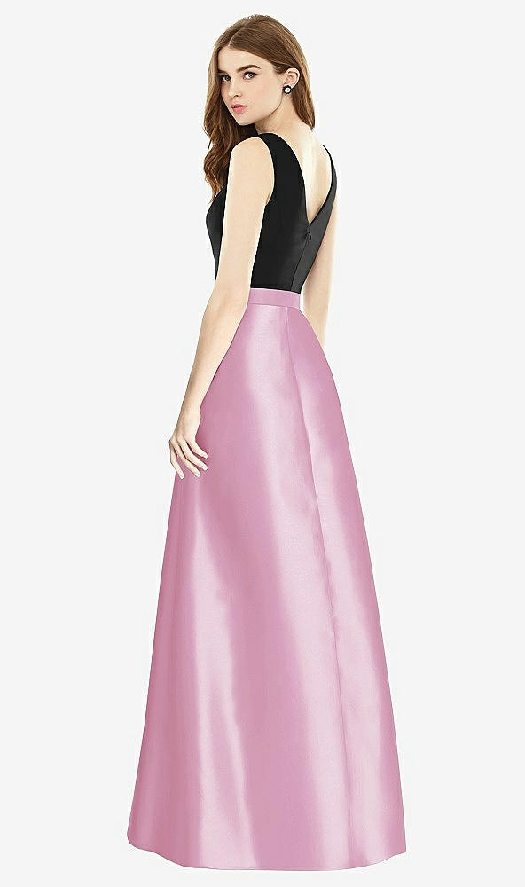 Back View - Powder Pink & Black Sleeveless A-Line Satin Dress with Pockets