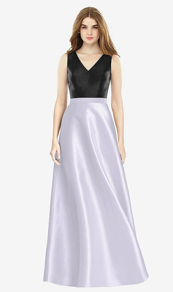 Front View - Silver Dove & Black Sleeveless A-Line Satin Dress with Pockets