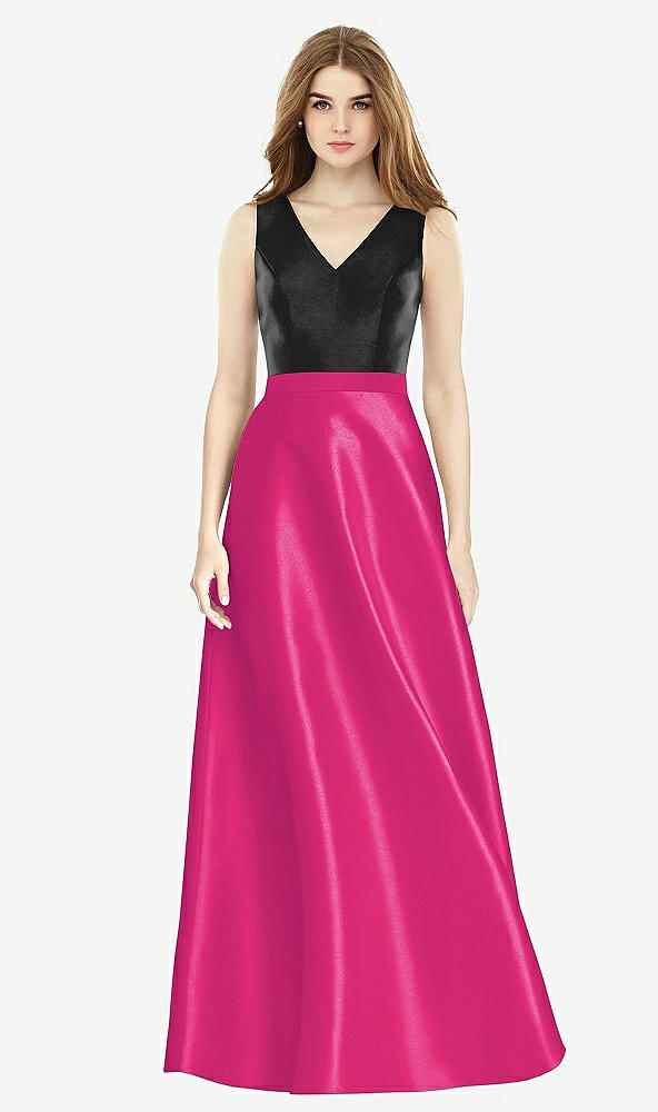 Front View - Think Pink & Black Sleeveless A-Line Satin Dress with Pockets
