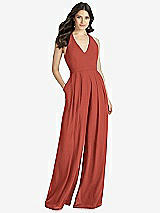 Front View Thumbnail - Amber Sunset V-Neck Backless Pleated Front Jumpsuit - Arielle