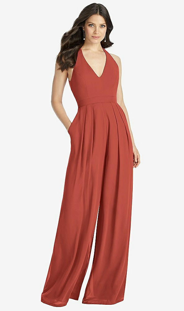 Front View - Amber Sunset V-Neck Backless Pleated Front Jumpsuit - Arielle