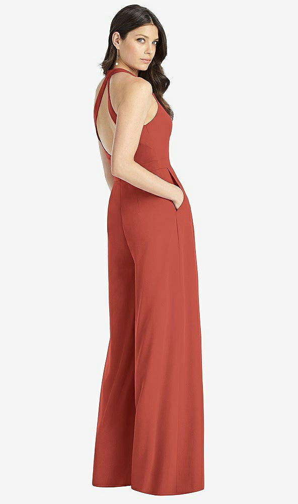 Back View - Amber Sunset V-Neck Backless Pleated Front Jumpsuit - Arielle