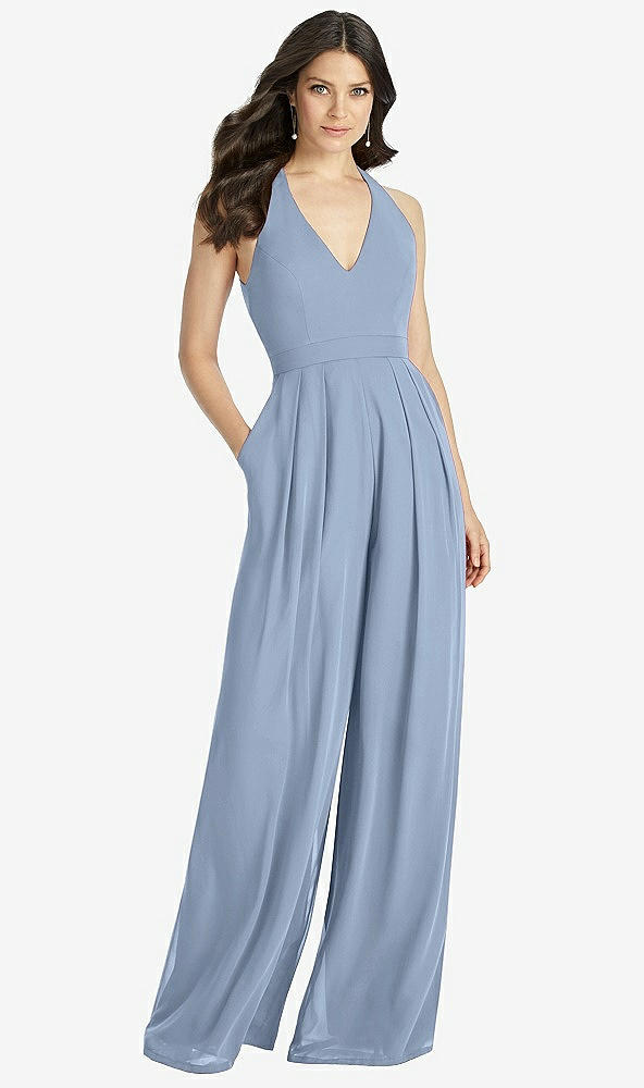 Front View - Cloudy V-Neck Backless Pleated Front Jumpsuit - Arielle