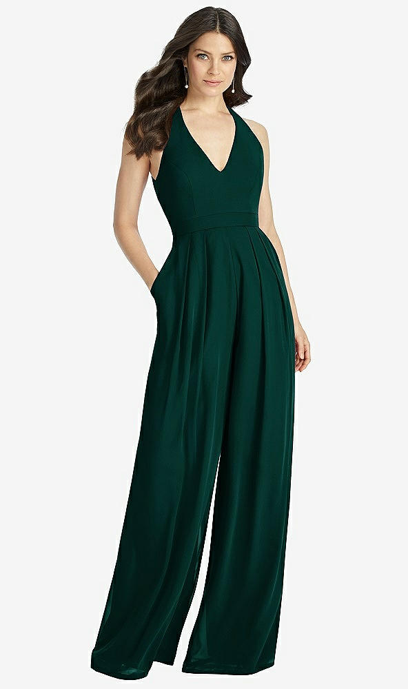 Front View - Evergreen V-Neck Backless Pleated Front Jumpsuit - Arielle