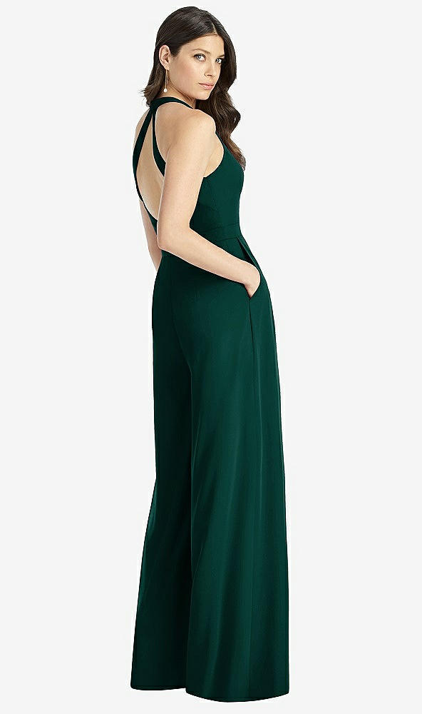 Back View - Evergreen V-Neck Backless Pleated Front Jumpsuit - Arielle