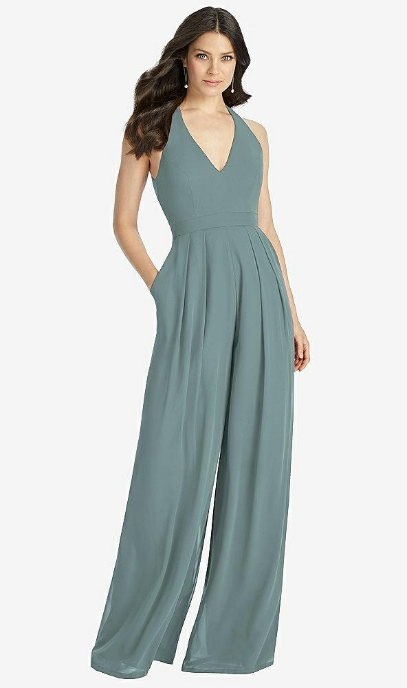 Front View - Icelandic V-Neck Backless Pleated Front Jumpsuit - Arielle