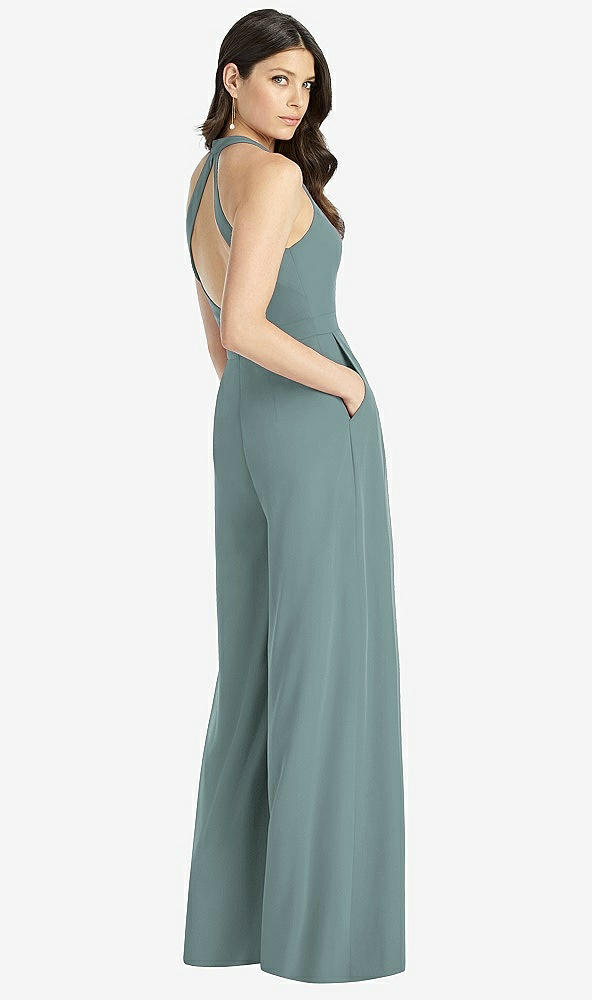 Back View - Icelandic V-Neck Backless Pleated Front Jumpsuit - Arielle