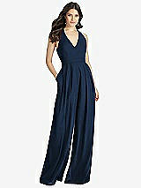 Front View Thumbnail - Midnight Navy V-Neck Backless Pleated Front Jumpsuit - Arielle