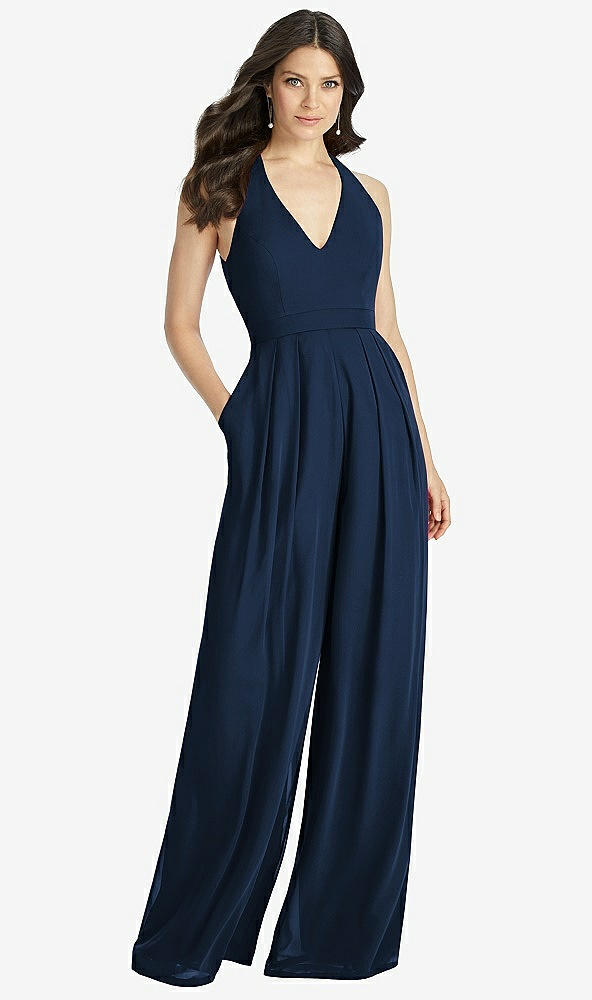 Front View - Midnight Navy V-Neck Backless Pleated Front Jumpsuit - Arielle