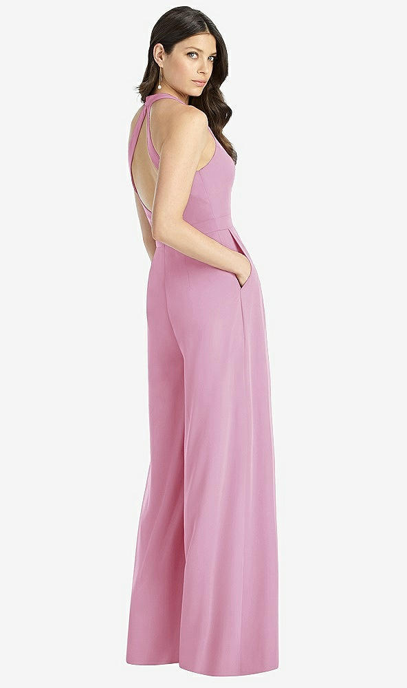 Back View - Powder Pink V-Neck Backless Pleated Front Jumpsuit - Arielle