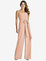 Front View Thumbnail - Pale Peach Spaghetti Strap Crepe Jumpsuit with Sash - Alana 