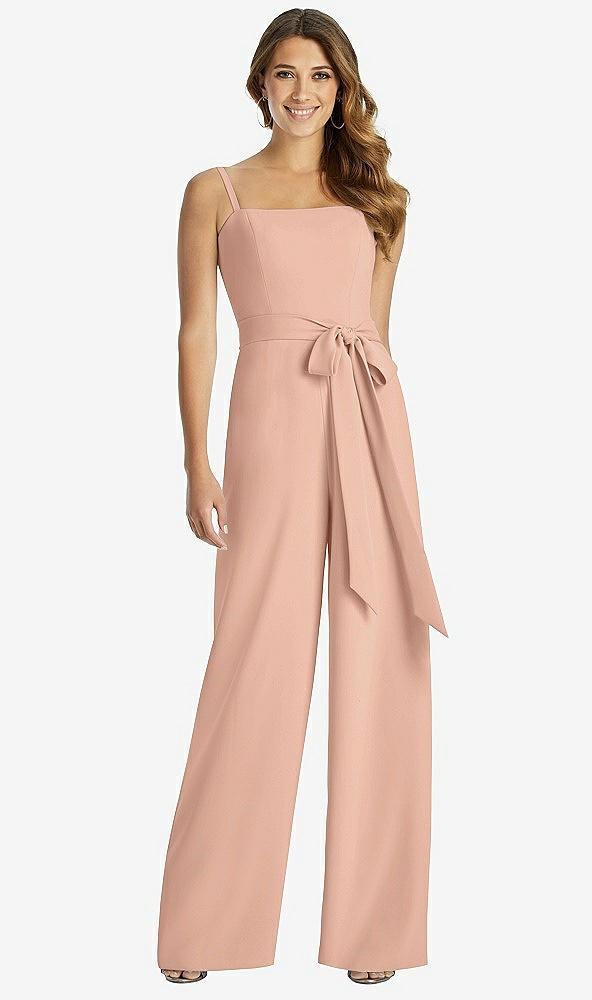Front View - Pale Peach Spaghetti Strap Crepe Jumpsuit with Sash - Alana 