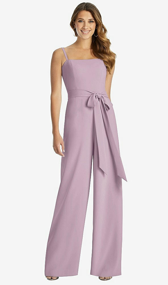 Front View - Suede Rose Spaghetti Strap Crepe Jumpsuit with Sash - Alana 