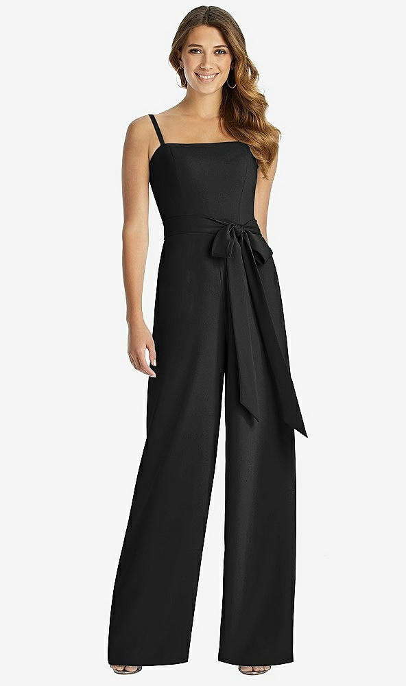 Front View - Black Spaghetti Strap Crepe Jumpsuit with Sash - Alana 