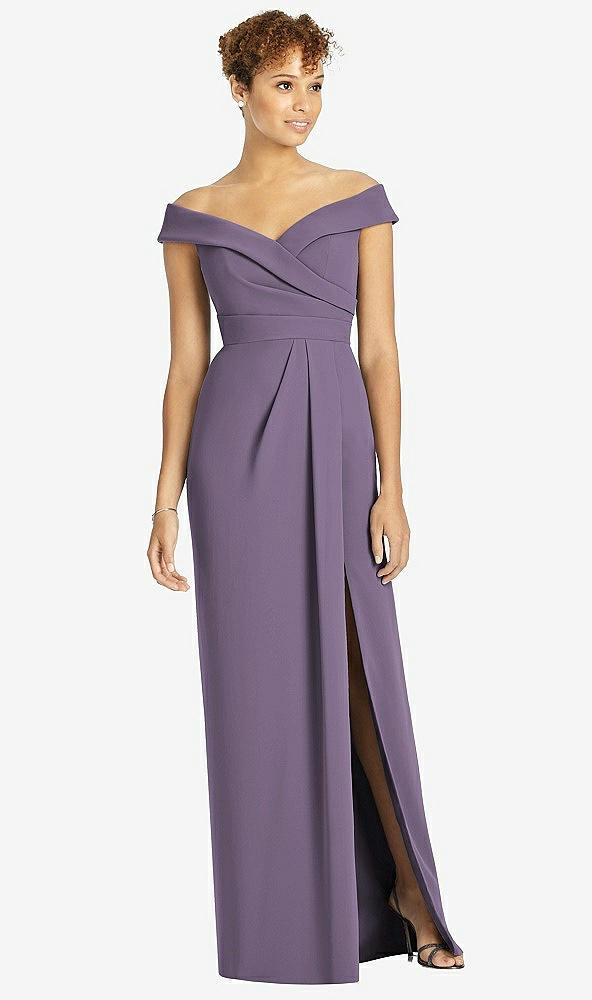 Front View - Lavender Cuffed Off-the-Shoulder Faux Wrap Maxi Dress with Front Slit