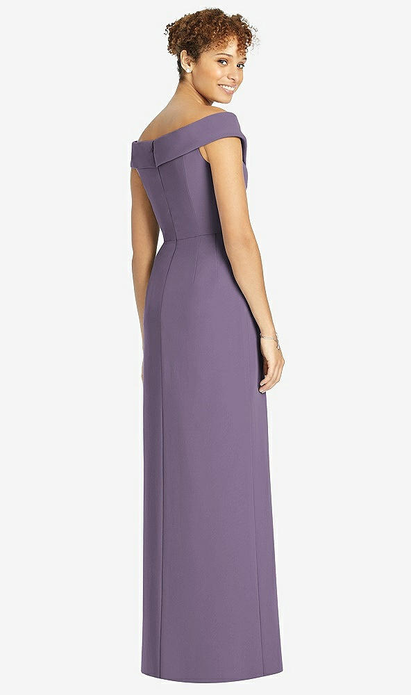 Back View - Lavender Cuffed Off-the-Shoulder Faux Wrap Maxi Dress with Front Slit
