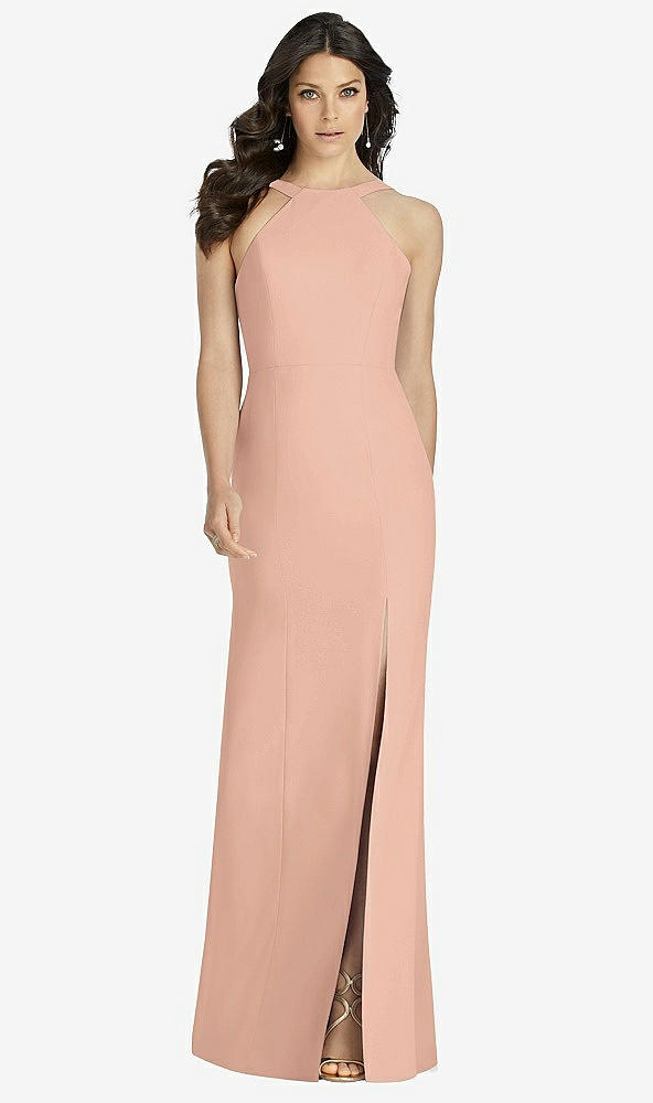 Front View - Pale Peach High-Neck Backless Crepe Trumpet Gown