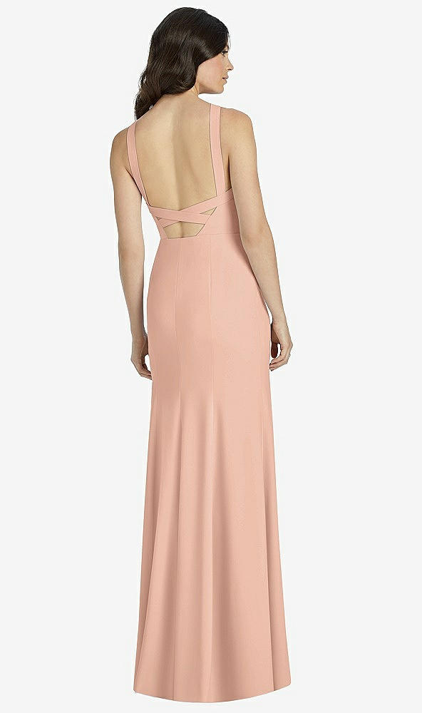 Back View - Pale Peach High-Neck Backless Crepe Trumpet Gown