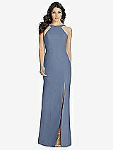 Front View Thumbnail - Larkspur Blue High-Neck Backless Crepe Trumpet Gown