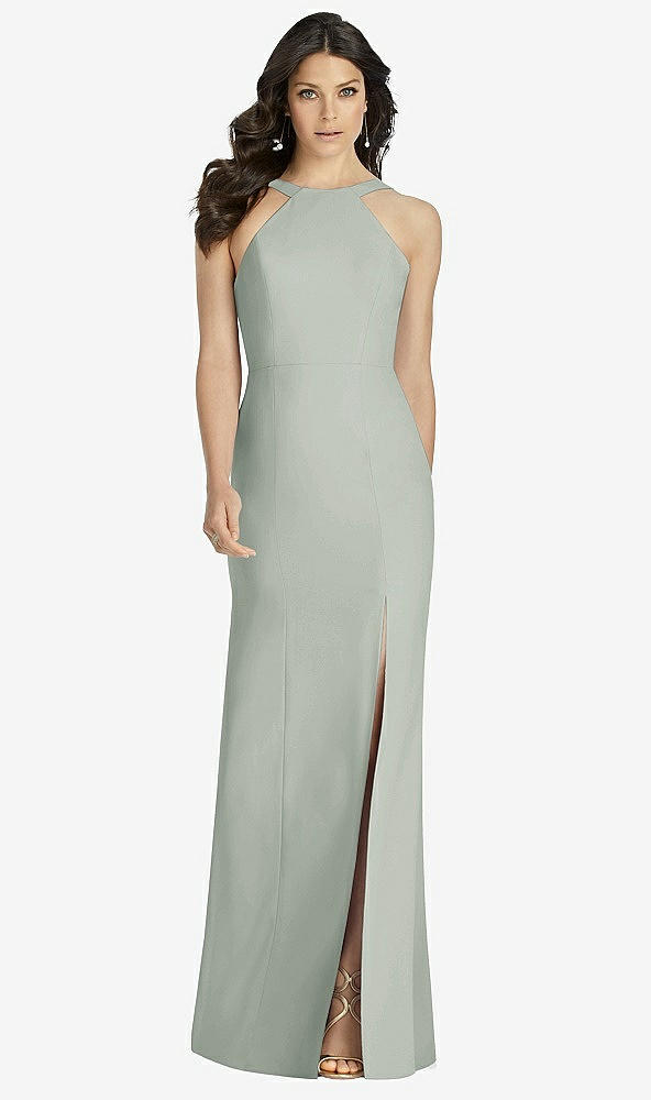 Front View - Willow Green High-Neck Backless Crepe Trumpet Gown