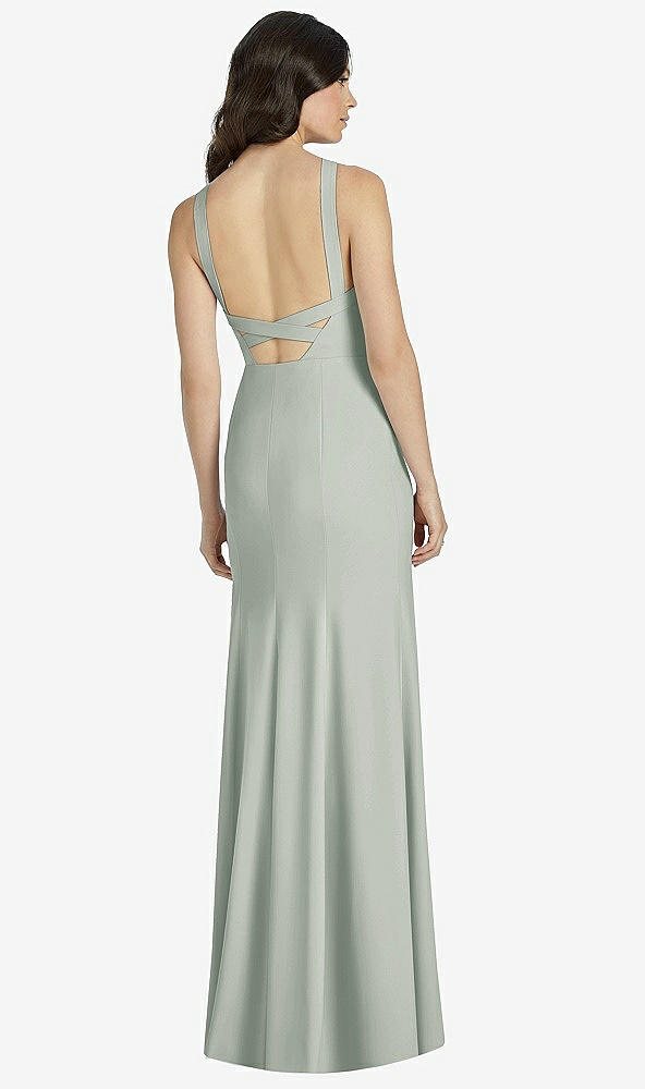 Back View - Willow Green High-Neck Backless Crepe Trumpet Gown
