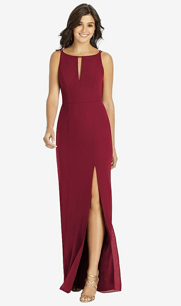 Front View - Burgundy Keyhole Neck Mermaid Dress with Front Slit