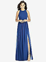 Front View Thumbnail - Classic Blue Shirred Skirt Jewel Neck Halter Dress with Front Slit